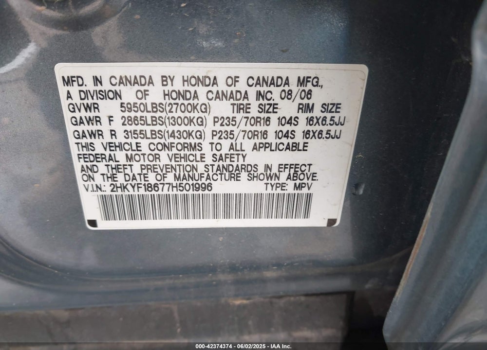 2007 HONDA PILOT EX-L VIN: 2HKYF18677H501996