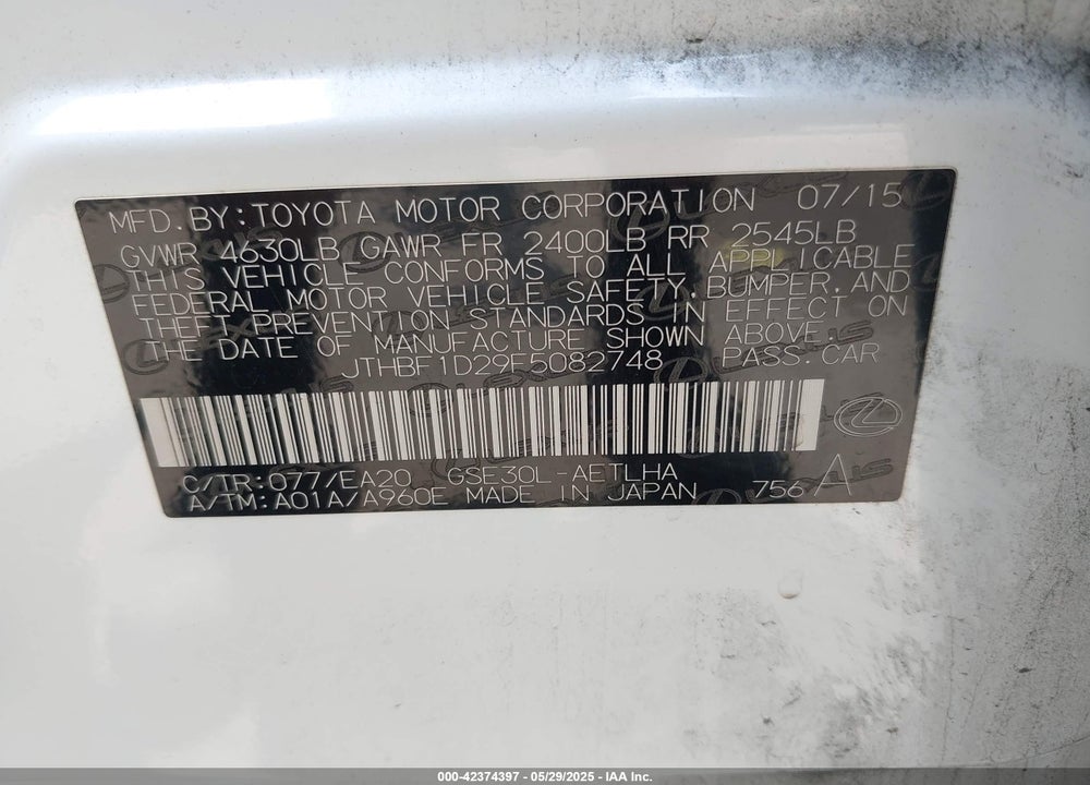2015 LEXUS IS 250 CRAFTED LINE VIN: JTHBF1D29F5082748