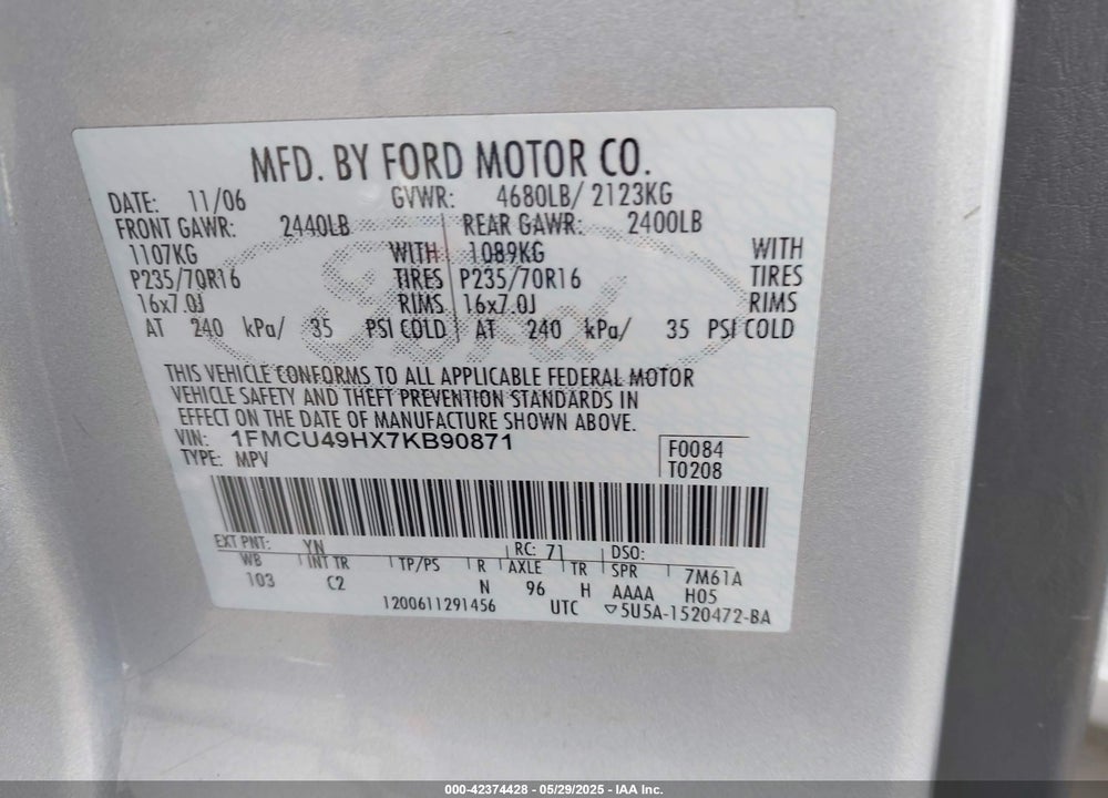 2007 FORD ESCAPE HYBRID VIN: 1FMCU49HX7KB90871