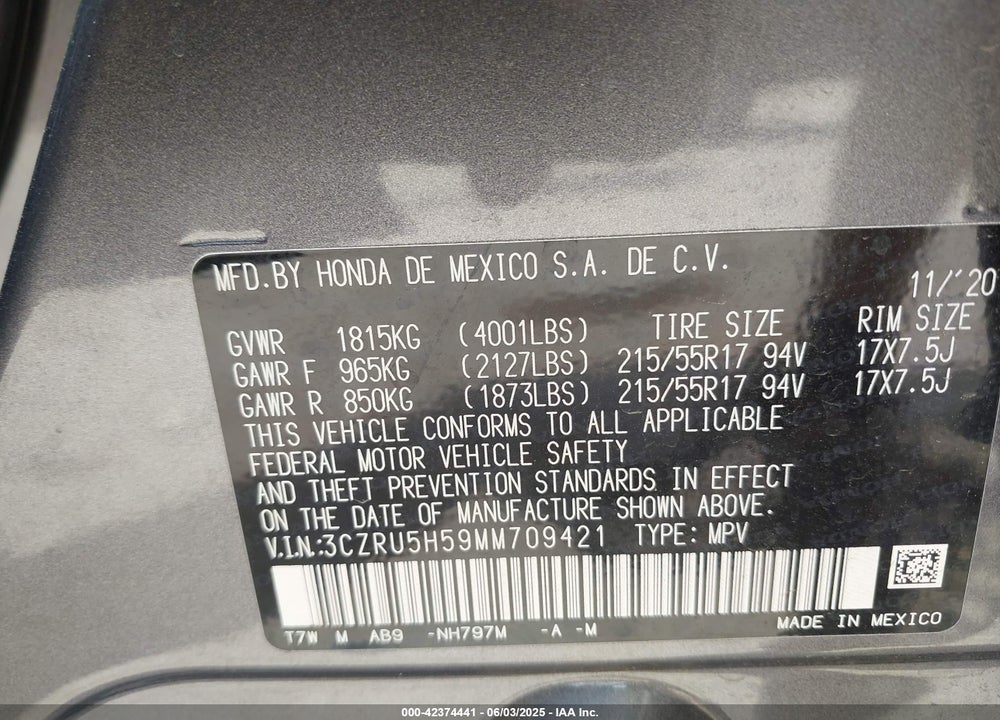 2021 HONDA HR-V VIN: 3CZRU5H59MM709421