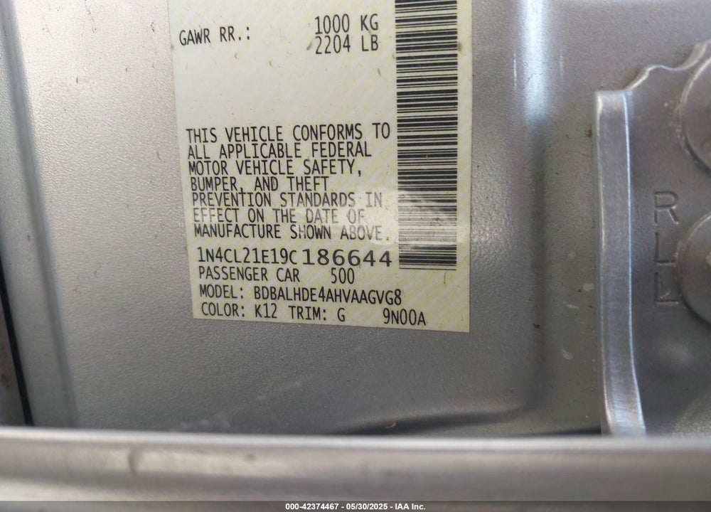 2009 NISSAN ALTIMA HYBRID VIN: 1N4CL21E19C186644
