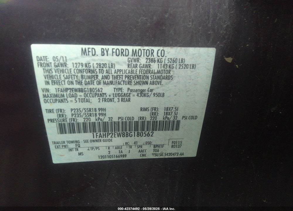 2011 FORD TAURUS VIN: 1FAHP2EW8BG180562