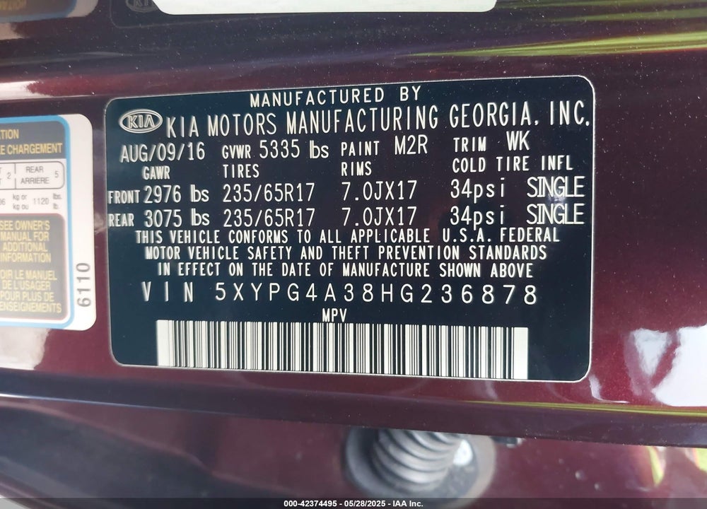 2017 KIA SORENTO VIN: 5XYPG4A38HG236878