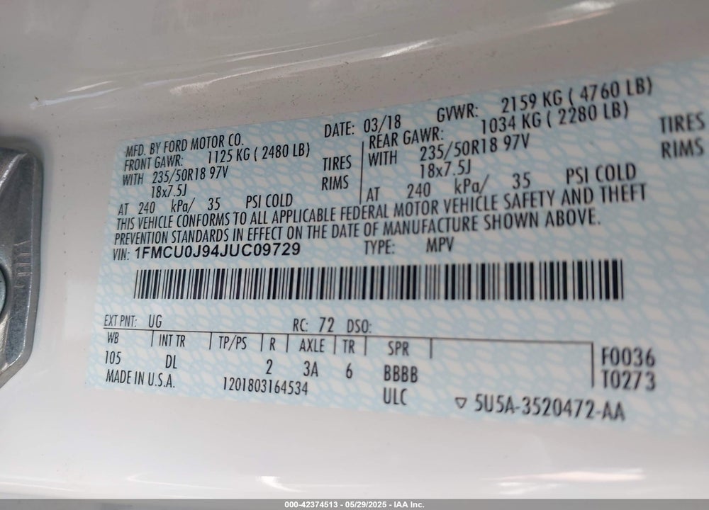 2018 FORD ESCAPE TITANIUM VIN: 1FMCU0J94JUC09729