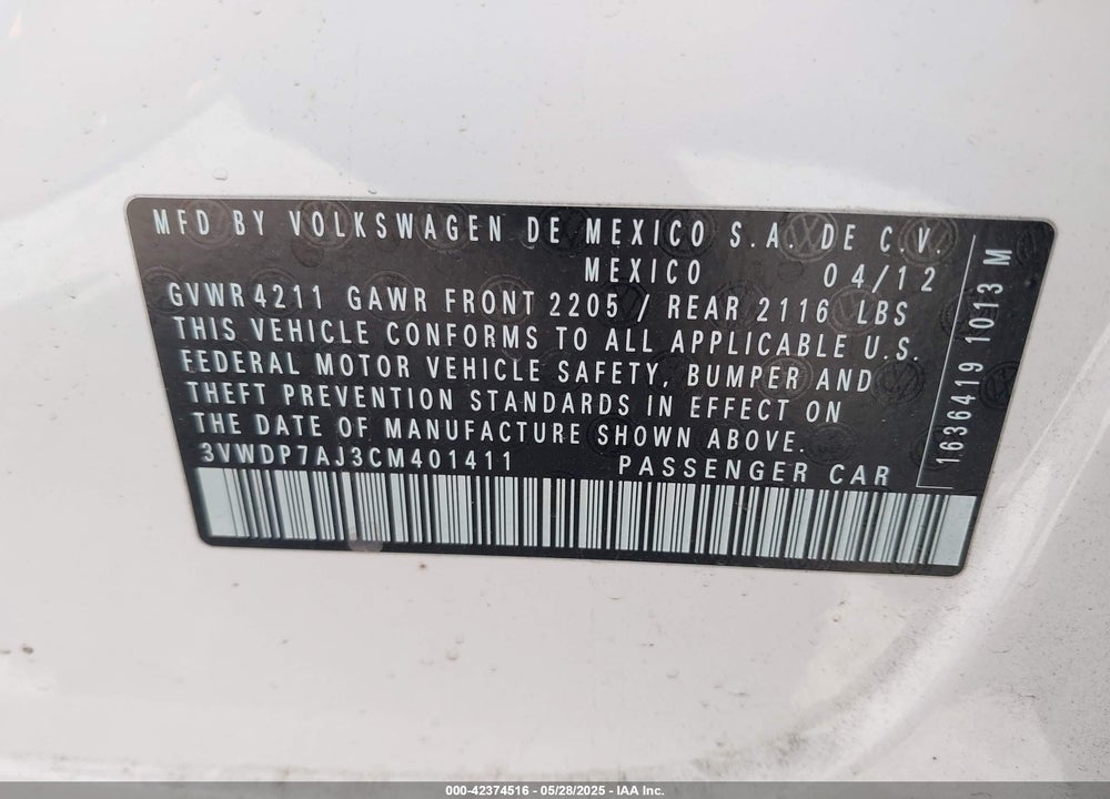 2012 VOLKSWAGEN JETTA 2.5L SE VIN: 3VWDP7AJ3CM401411