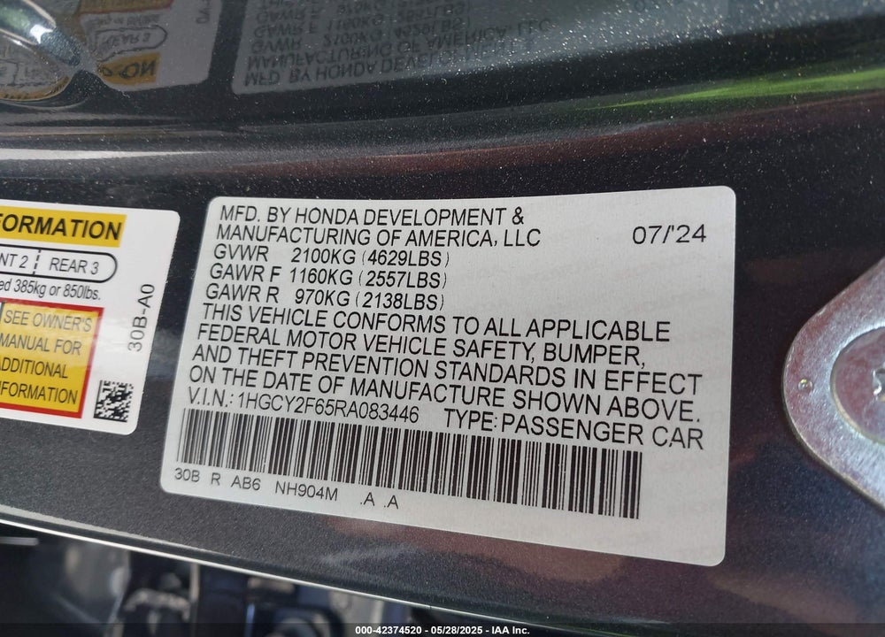 2024 HONDA ACCORD HYBRID EX-L VIN: 1HGCY2F65RA083446
