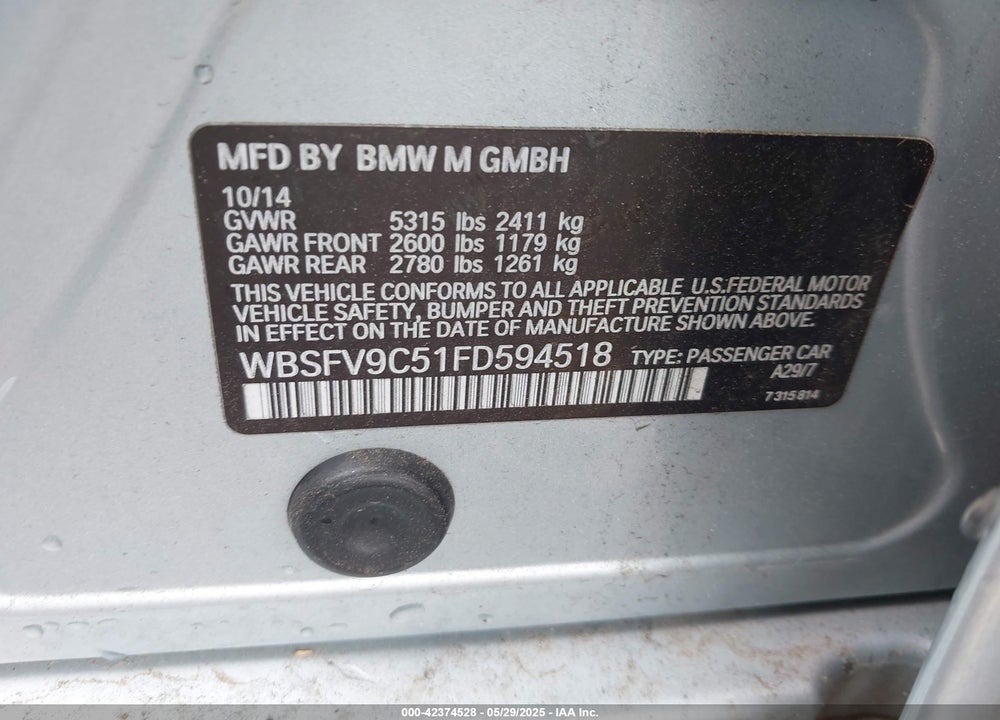 2015 BMW M5 VIN: WBSFV9C51FD594518