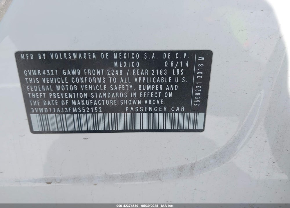 2015 VOLKSWAGEN JETTA VIN: 3VWD17AJ3FM352152