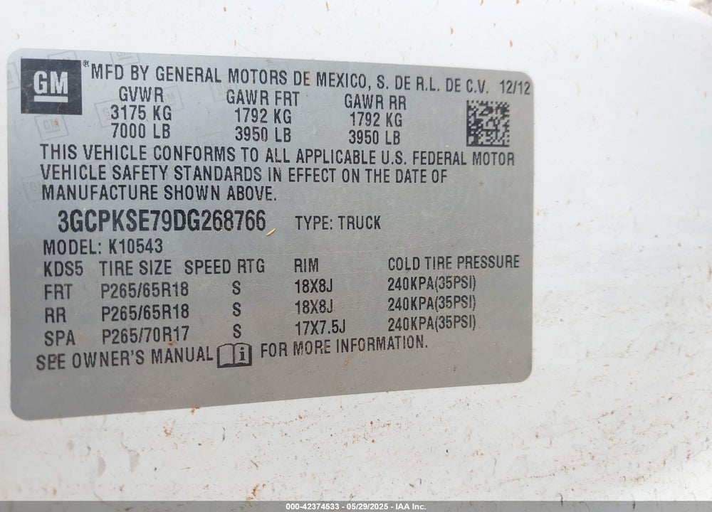 2013 CHEVROLET SILVERADO 1500 VIN: 3GCPKSE79DG268766