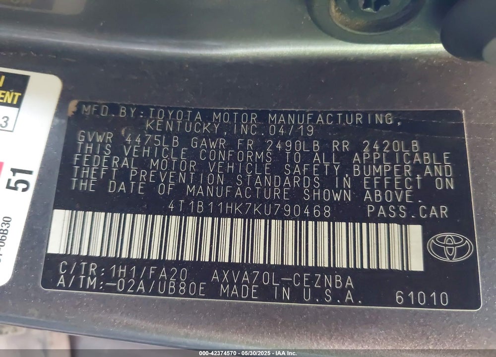 2019 TOYOTA CAMRY LE VIN: 4T1B11HK7KU790468