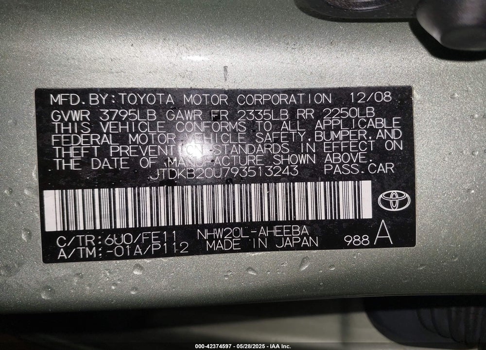 2009 TOYOTA PRIUS VIN: JTDKB20U793513243
