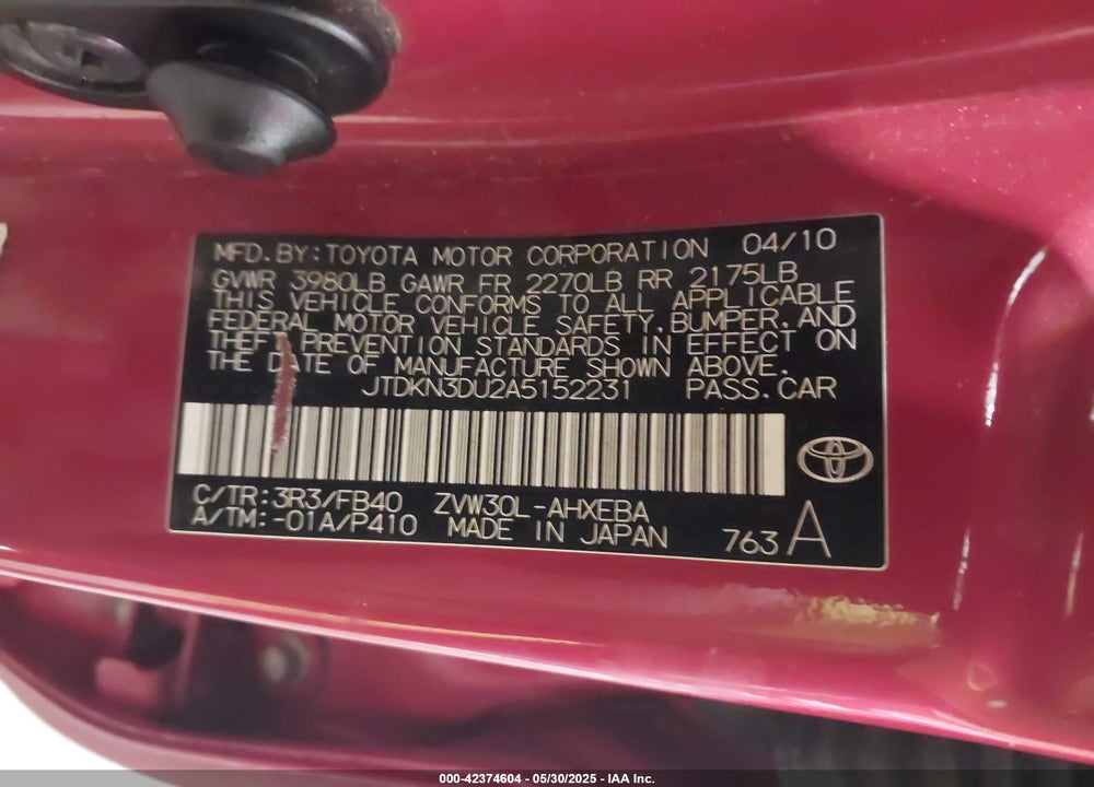 2010 TOYOTA PRIUS II VIN: JTDKN3DU2A5152231