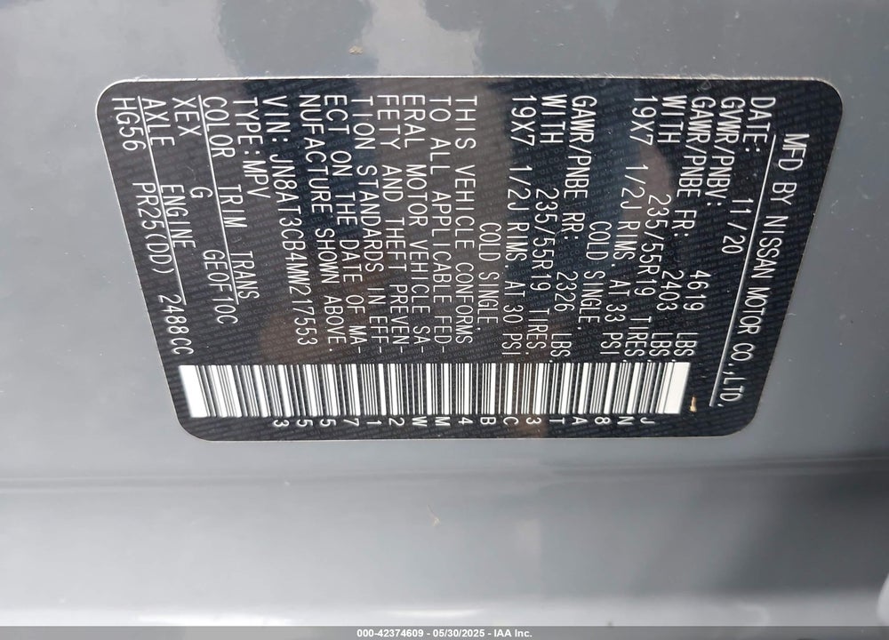 2021 NISSAN ROGUE SL INTELLIGENT AWD VIN: JN8AT3CB4MW217553