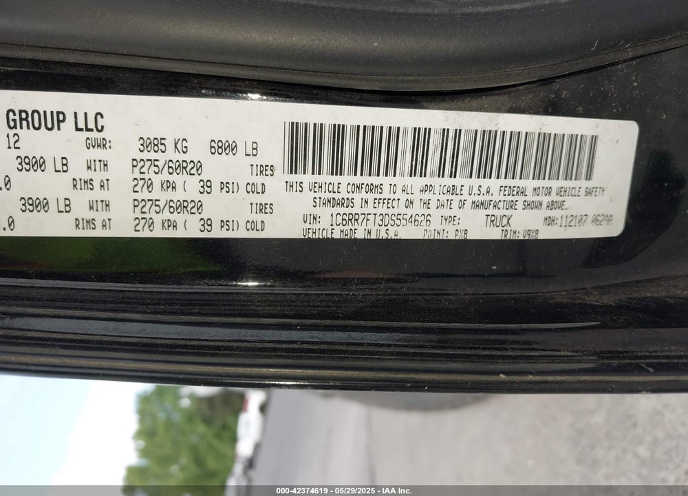 2013 RAM 1500 VIN: 1C6RR7FT3DS554626