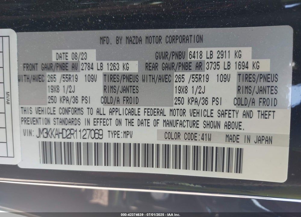 2024 MAZDA CX-90 VIN: JM3KKAHD2R1127069