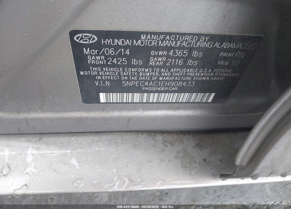 2014 HYUNDAI SONATA VIN: 5NPEC4AC1EH908433