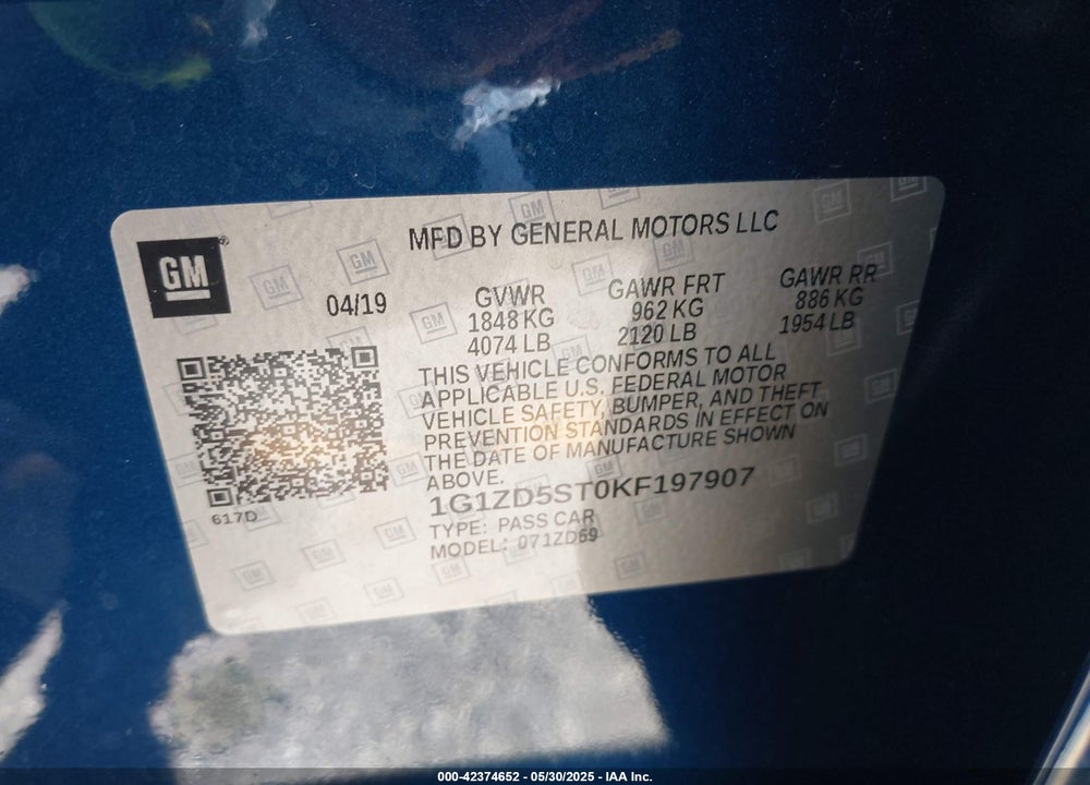2019 CHEVROLET MALIBU LT VIN: 1G1ZD5ST0KF197907