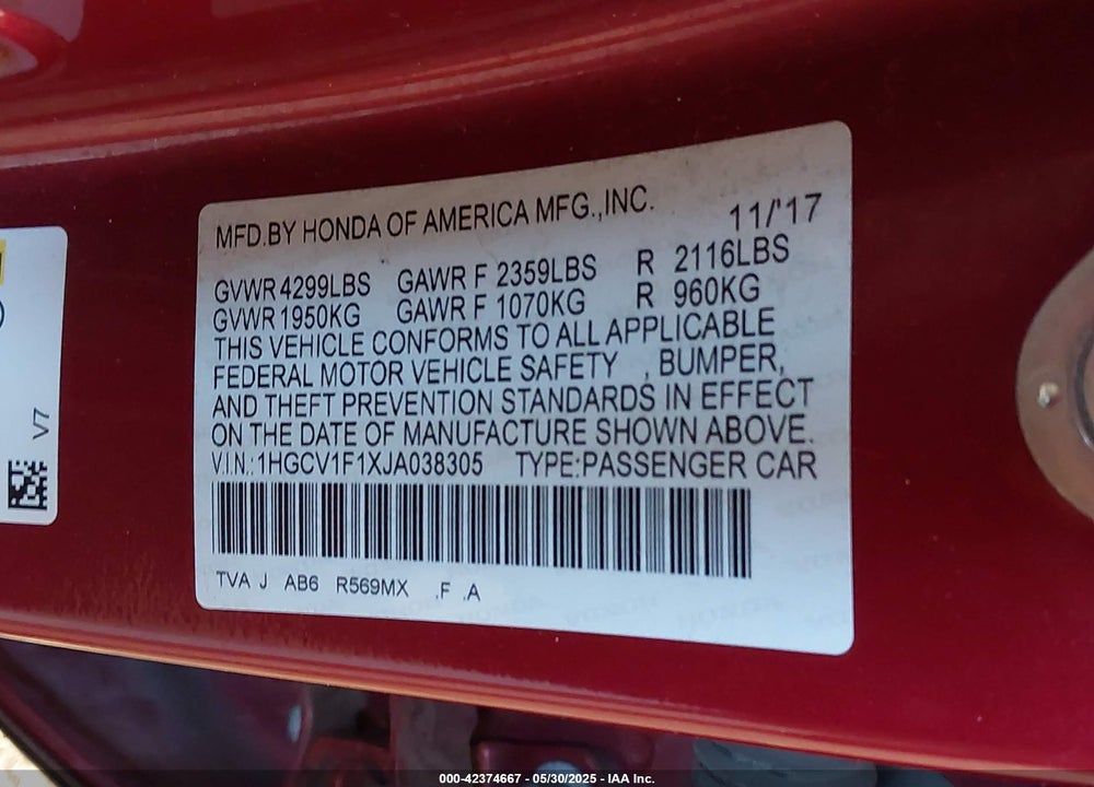 2018 HONDA ACCORD VIN: 1HGCV1F1XJA038305