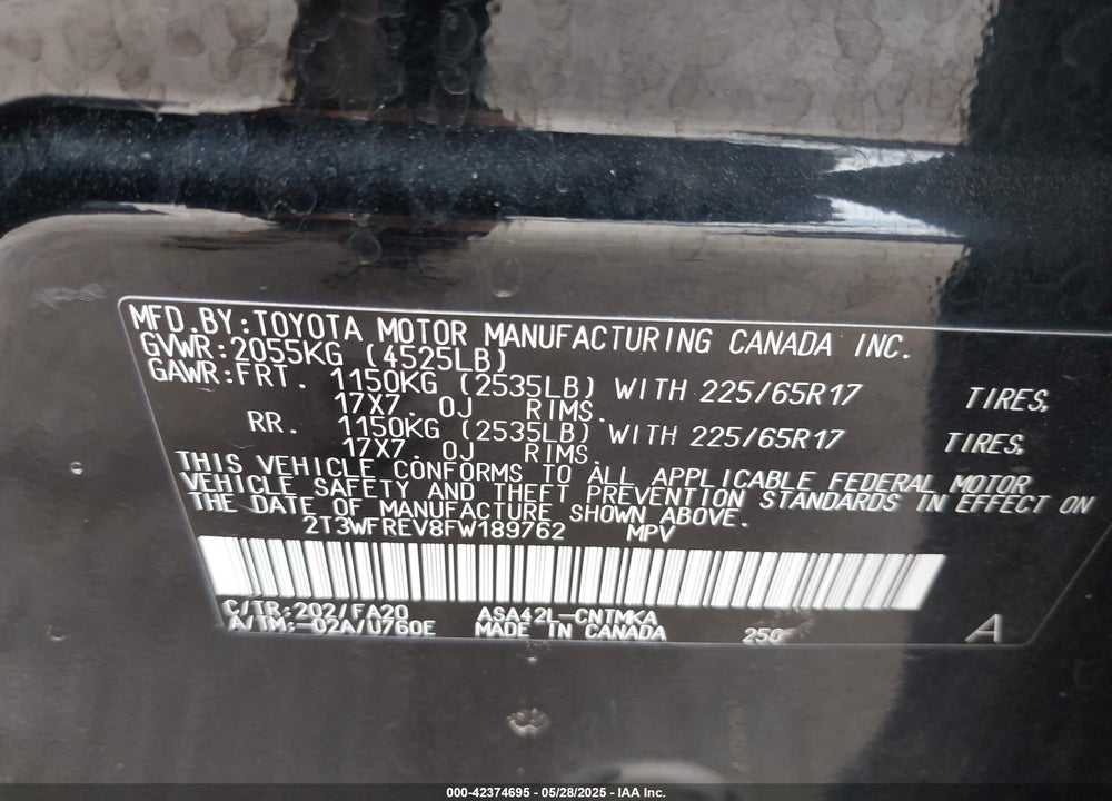 2015 TOYOTA RAV4 XLE VIN: 2T3WFREV8FW189762