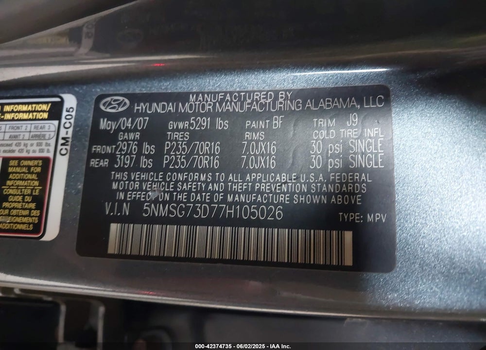 2007 HYUNDAI SANTA FE GLS VIN: 5NMSG73D77H105026