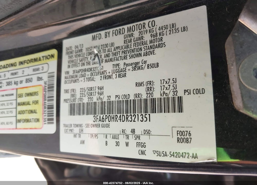 2013 FORD FUSION VIN: 3FA6P0HR4DR321351