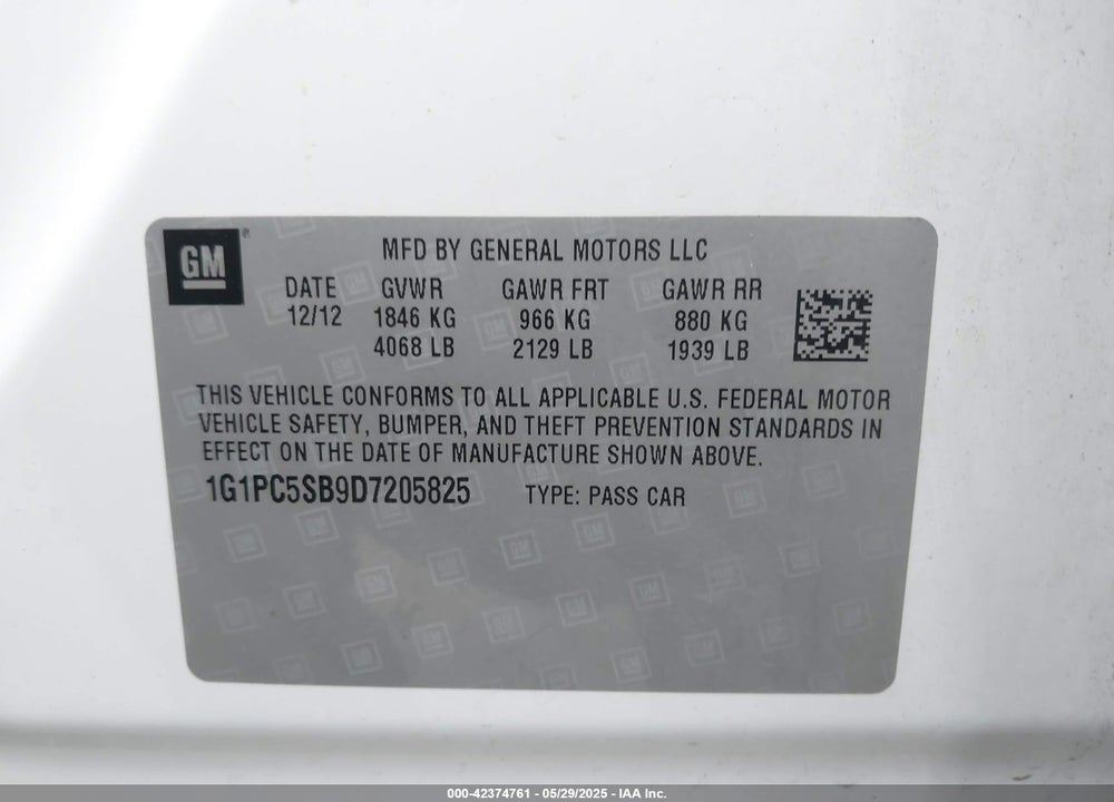 2013 CHEVROLET CRUZE VIN: 1G1PC5SB9D7205825