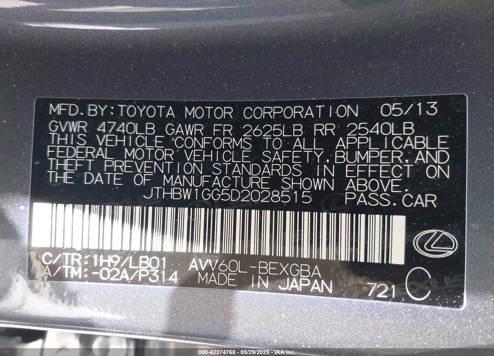 2013 LEXUS ES 300H VIN: JTHBW1GG5D2028515