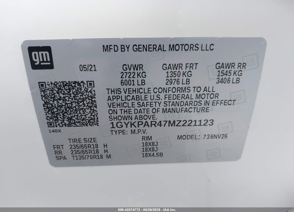 2021 CADILLAC XT6 VIN: 1GYKPAR47MZ221123