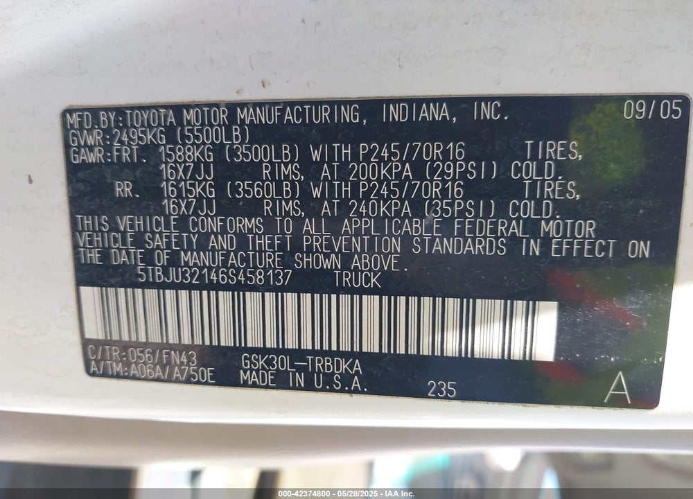 2006 TOYOTA TUNDRA VIN: 5TBJU32146S458137