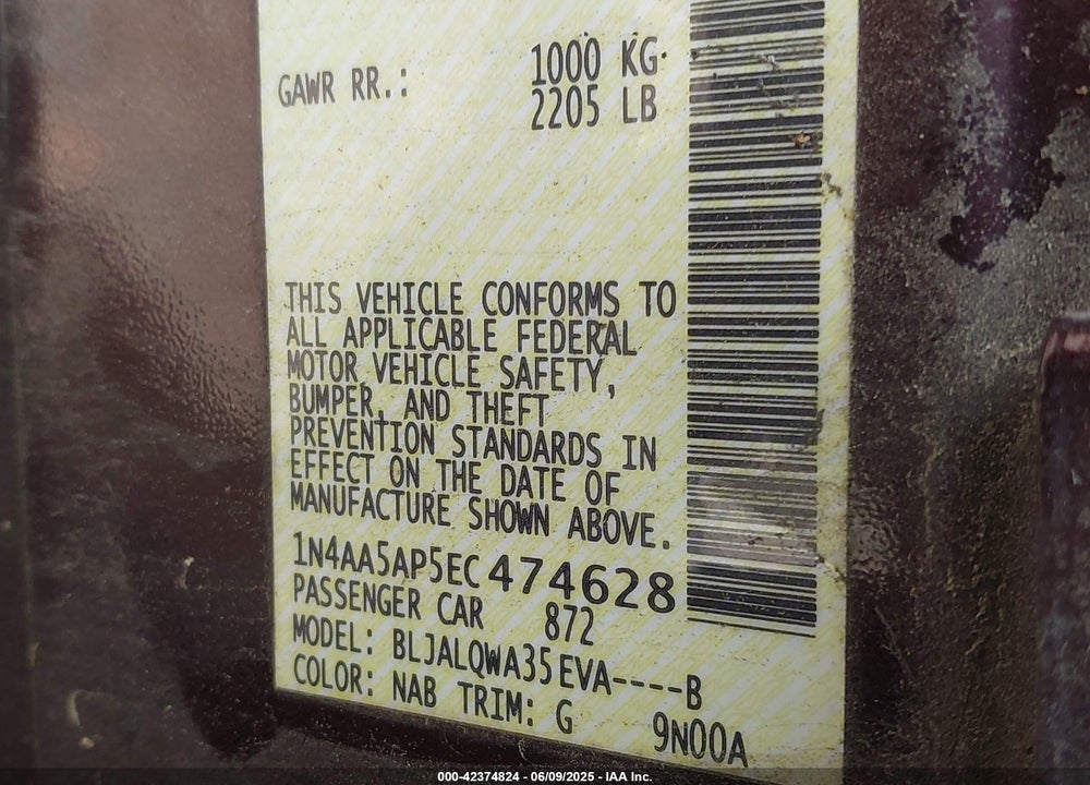 2014 NISSAN MAXIMA 3.5 S VIN: 1N4AA5AP5EC474628