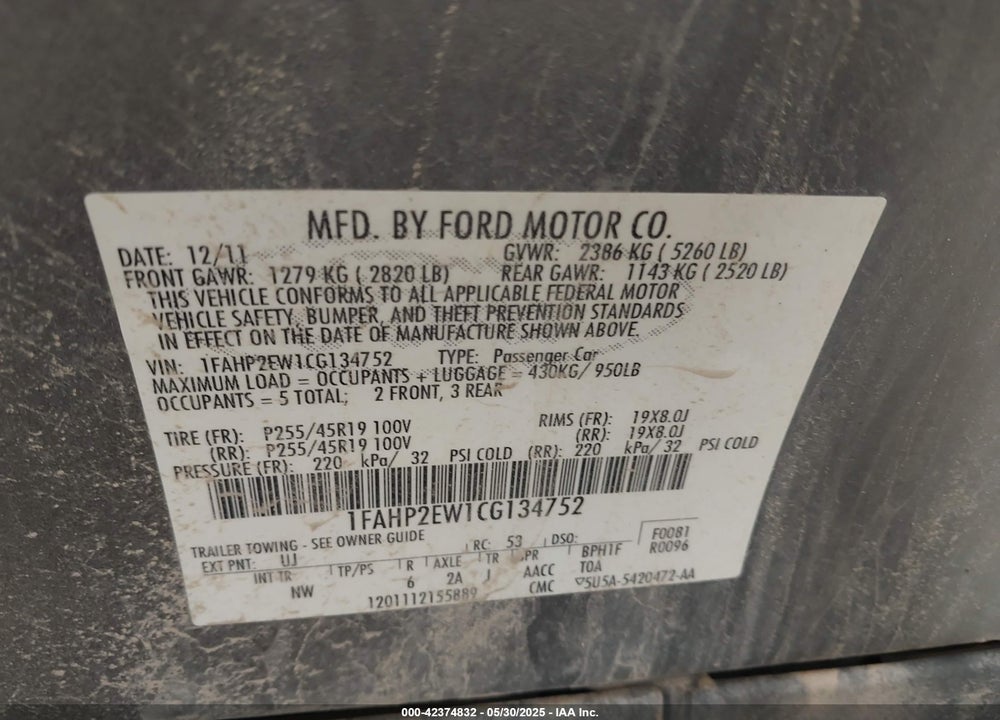 2012 FORD TAURUS SEL VIN: 1FAHP2EW1CG134752