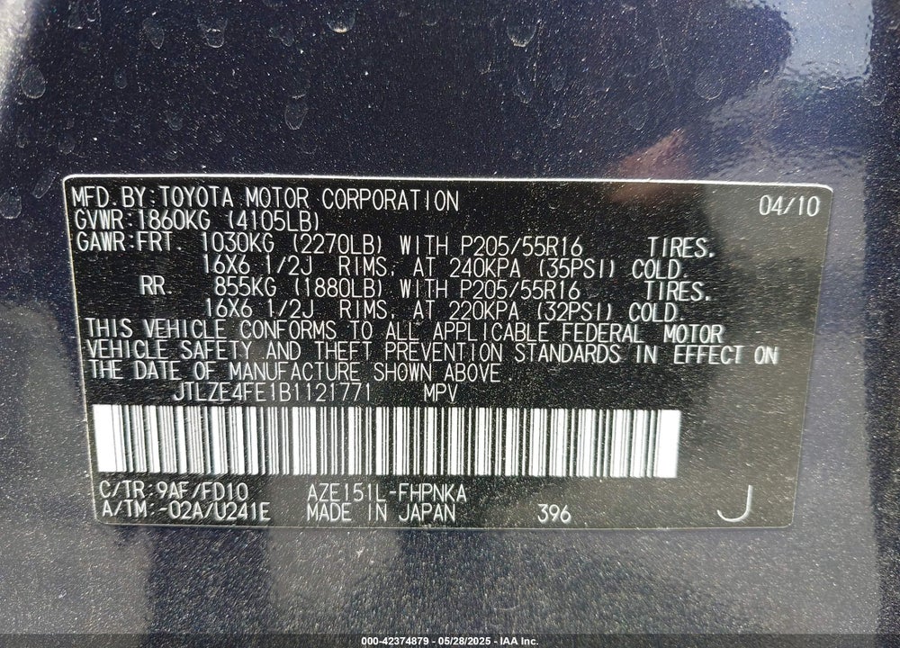 2011 SCION XB VIN: JTLZE4FE1B1121771