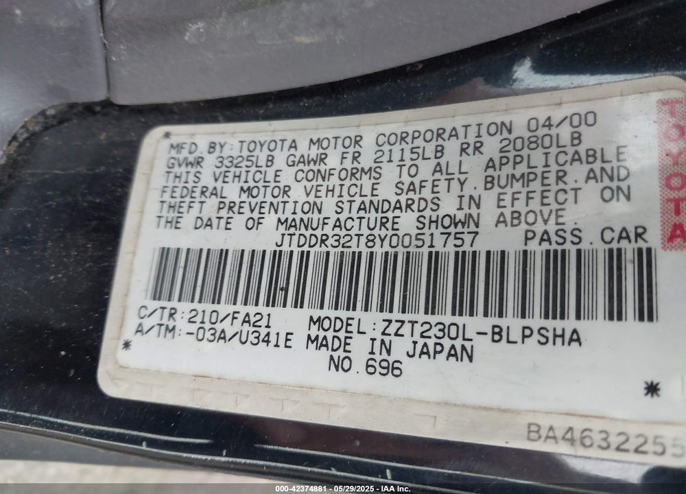 2000 TOYOTA CELICA GT VIN: JTDDR32T8Y0051757