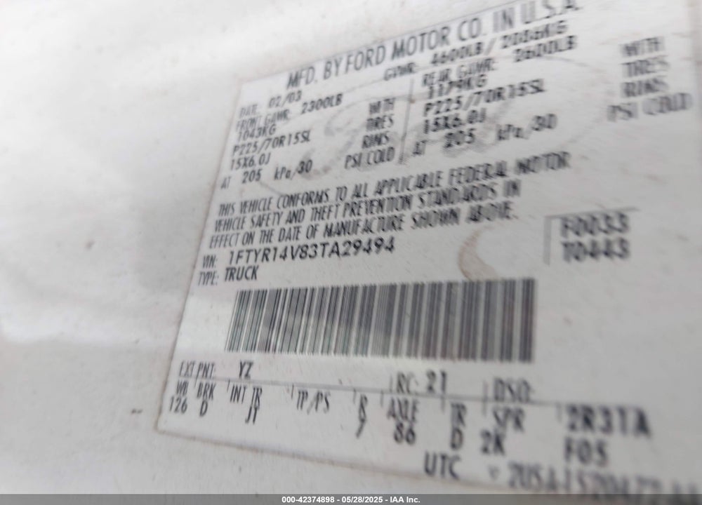 2003 FORD RANGER EDGE/TREMOR/XL/XLT VIN: 1FTYR14V83TA29494