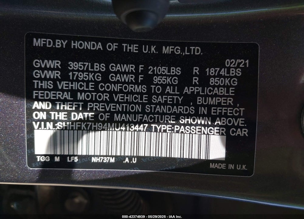 2021 HONDA CIVIC VIN: SHHFK7H94MU413447