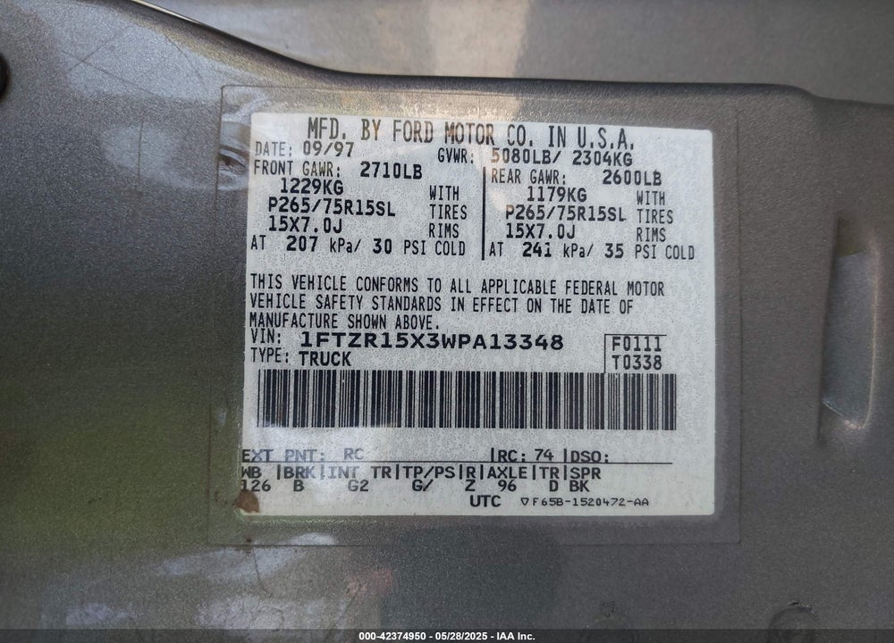 1998 FORD RANGER VIN: 1FTZR15X3WPA13348