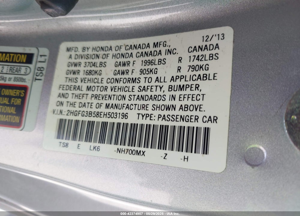 2014 HONDA CIVIC LX VIN: 2HGFG3B58EH503196