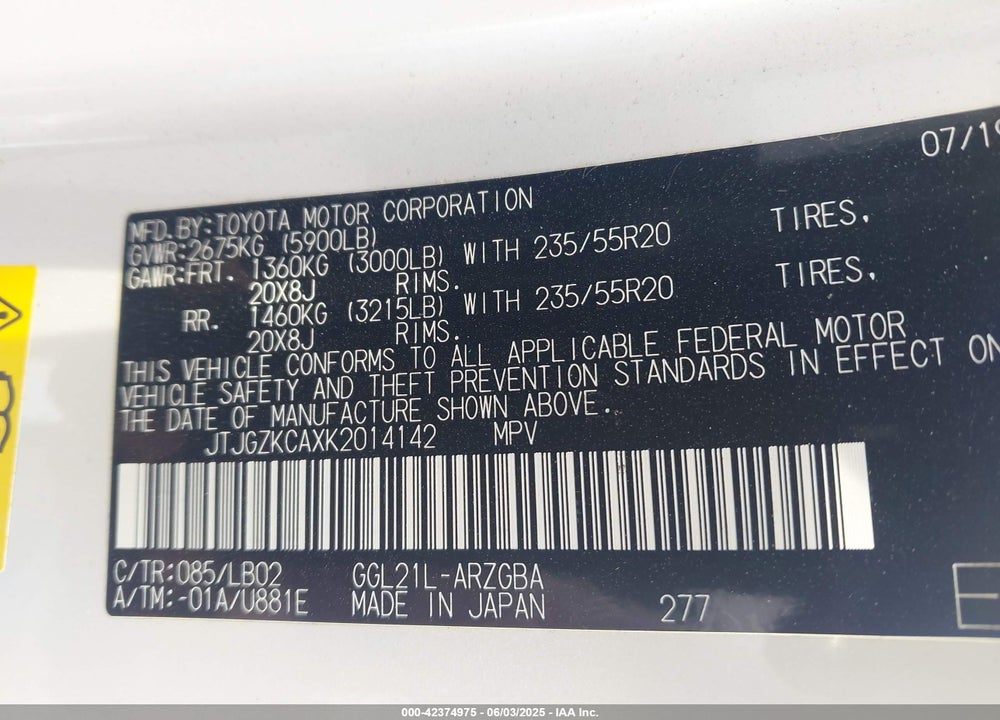 2019 LEXUS RX 350L VIN: JTJGZKCAXK2014142