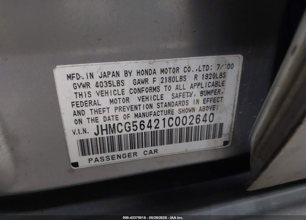 2001 HONDA ACCORD 2.3 LX VIN: JHMCG56421C002640