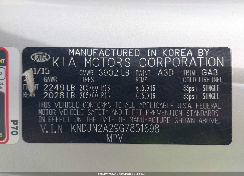 2016 KIA SOUL VIN: KNDJN2A29G7851698