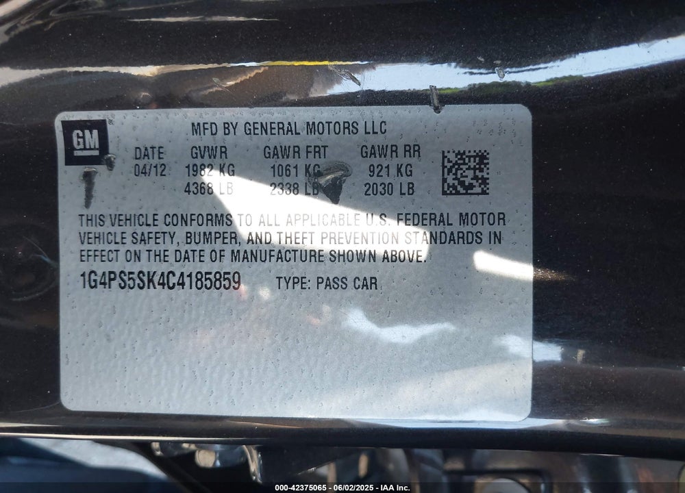 2012 BUICK VERANO LEATHER GROUP VIN: 1G4PS5SK4C4185859