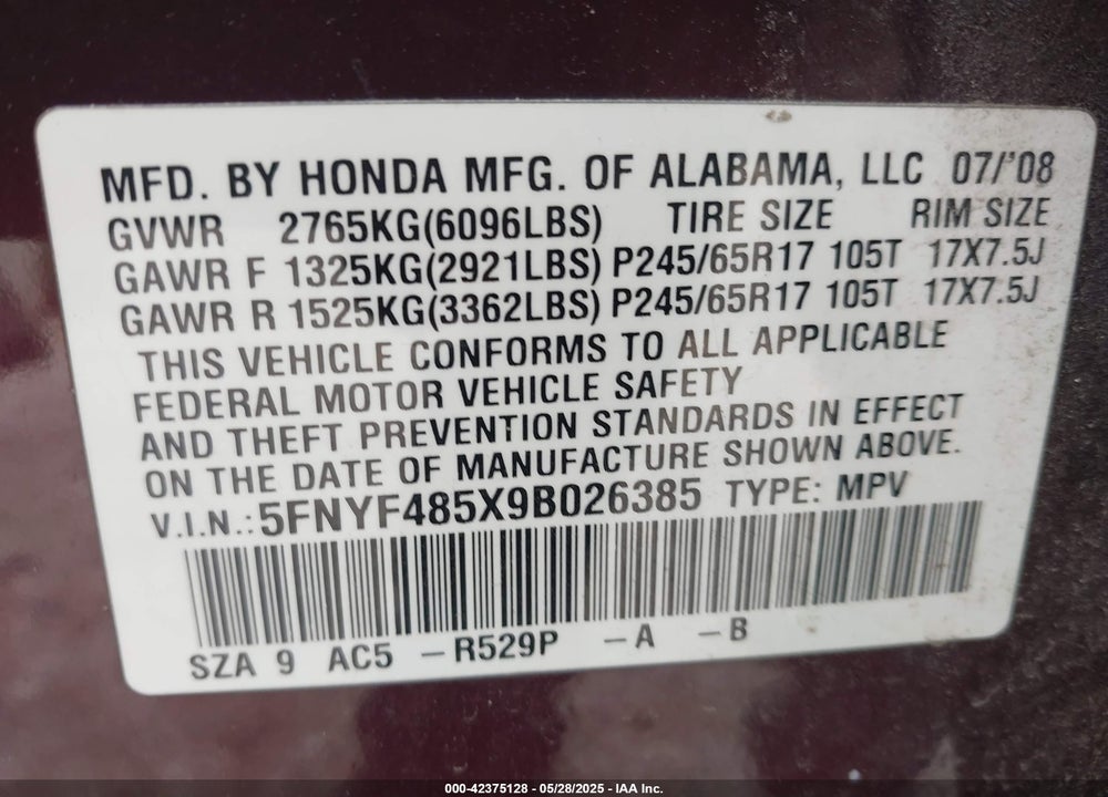 2009 HONDA PILOT VIN: 5FNYF485X9B026385