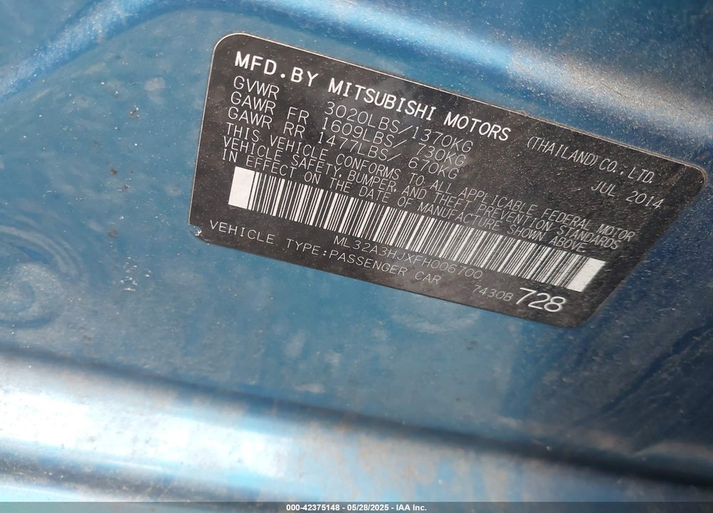 2015 MITSUBISHI MIRAGE VIN: ML32A3HJXFH006700