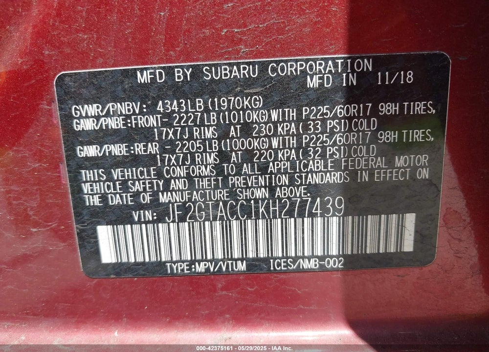 2019 SUBARU CROSSTREK VIN: JF2GTACC1KH277439