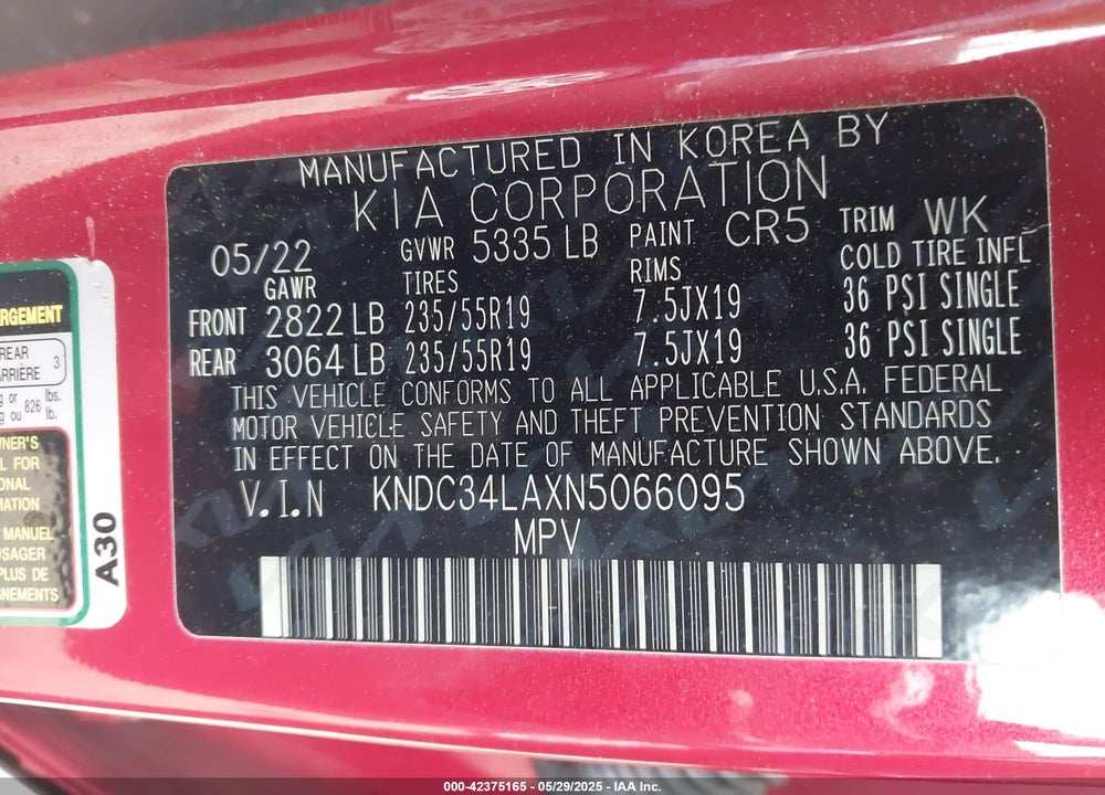 2022 KIA EV6 WIND VIN: KNDC34LAXN5066095