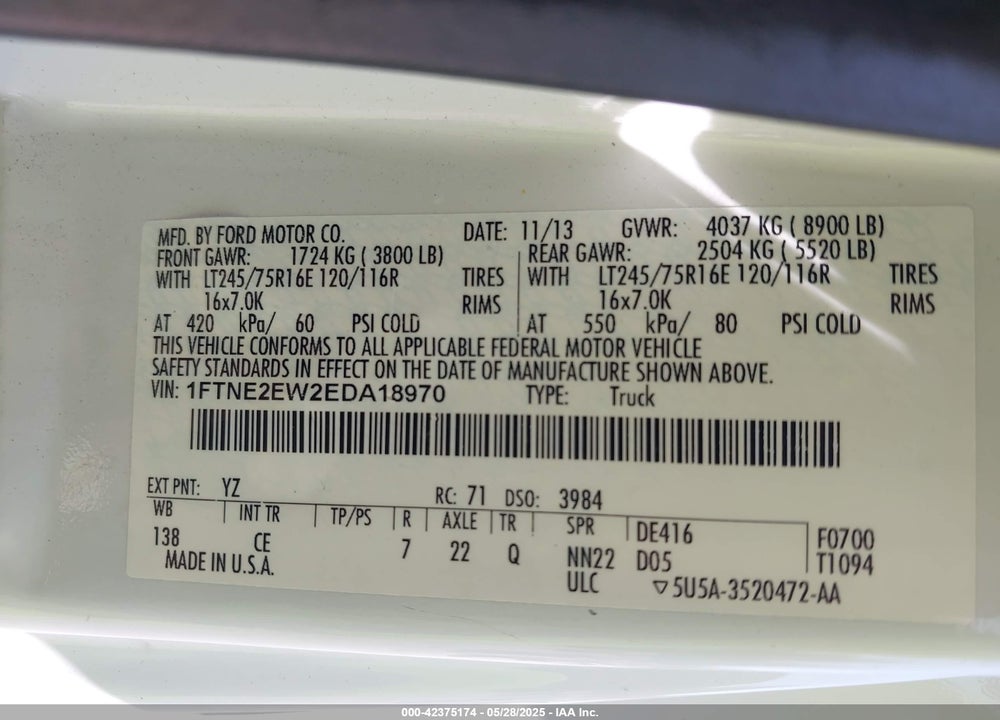 2014 FORD E-250 VIN: 1FTNE2EW2EDA18970