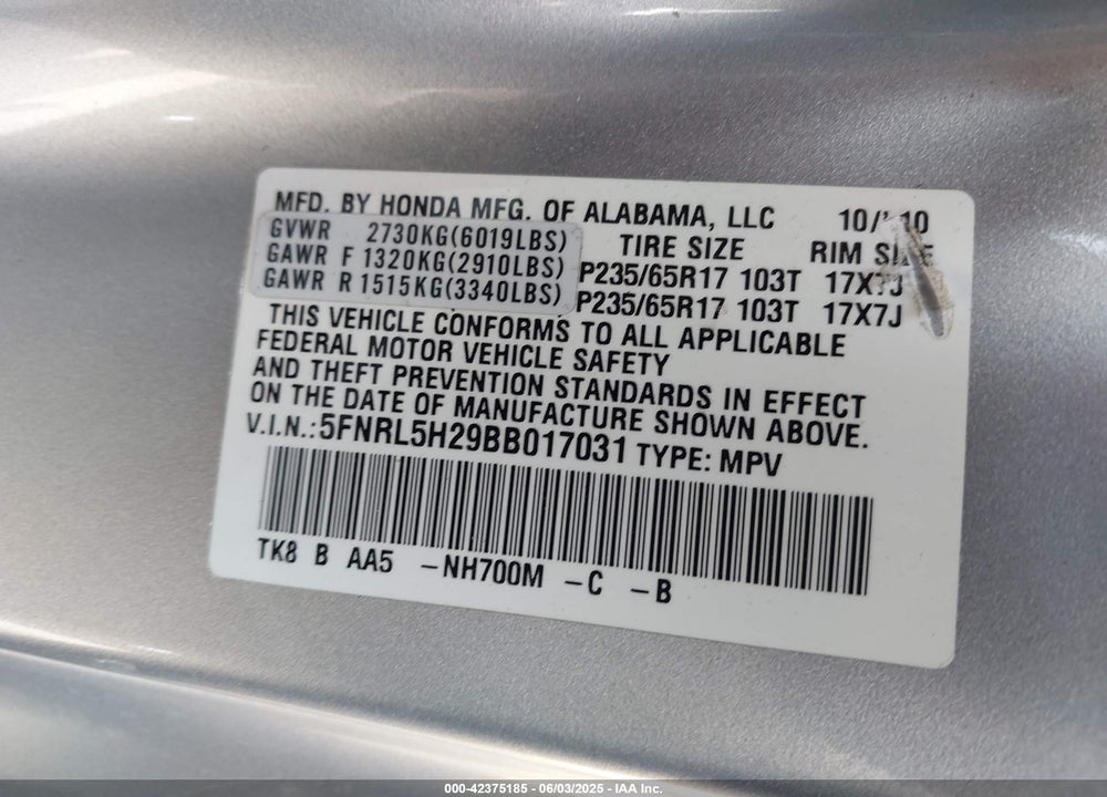 2011 HONDA ODYSSEY LX VIN: 5FNRL5H29BB017031