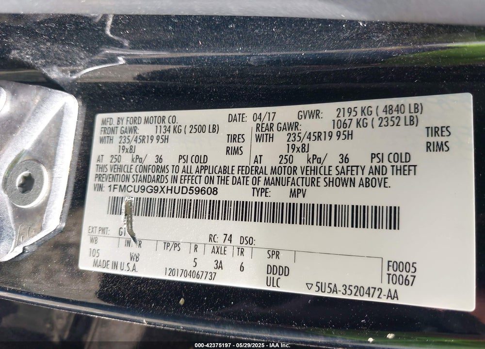 2017 FORD ESCAPE VIN: 1FMCU9G9XHUD59608