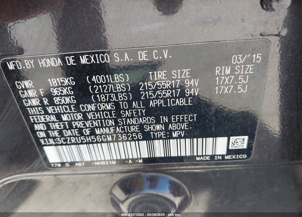 2016 HONDA HR-V VIN: 3CZRU5H56GM736256