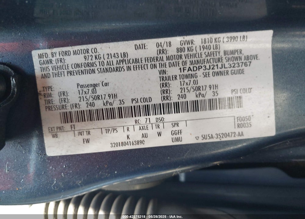 2018 FORD FOCUS TITANIUM VIN: 1FADP3J21JL323767